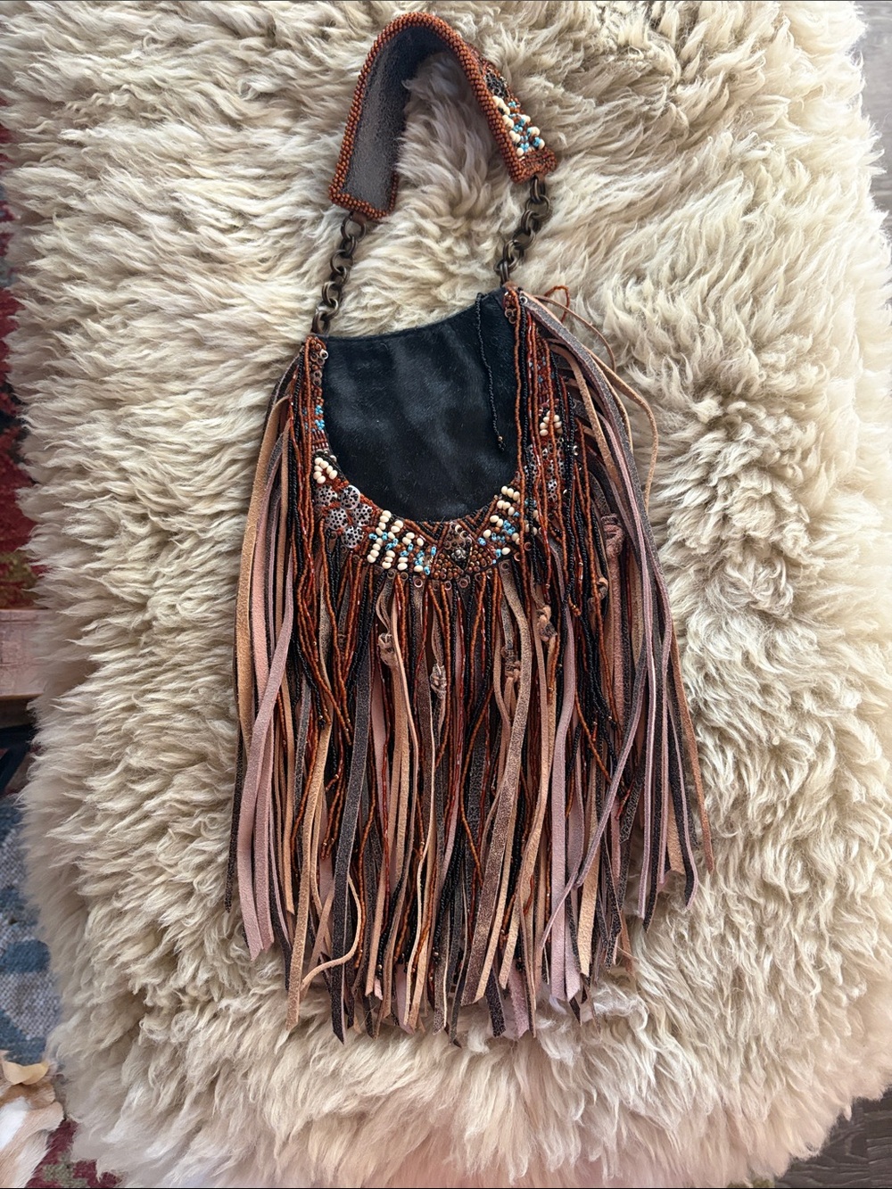 Mary Frances Black and Brown Fringe Beaded Hobo Bag